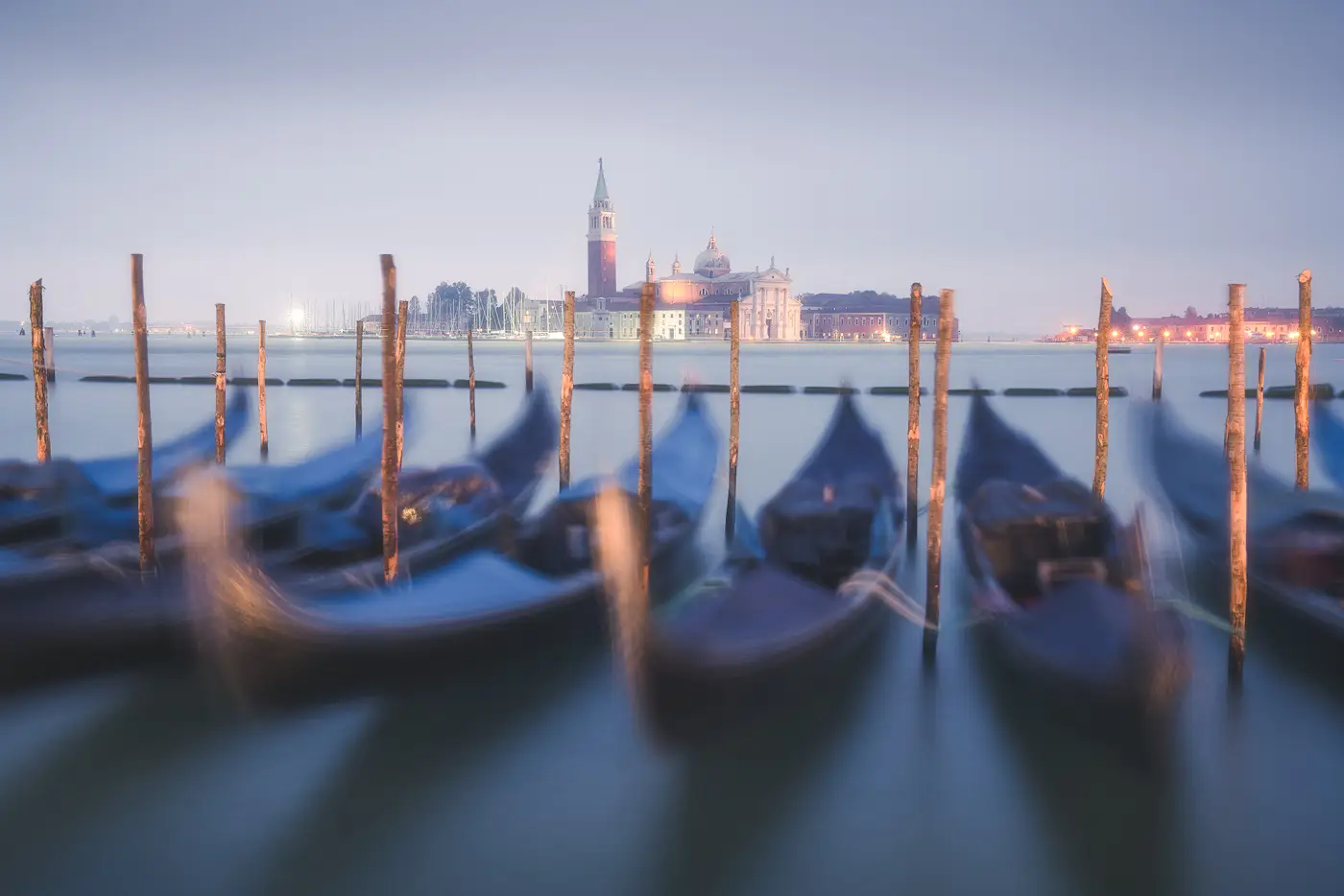 Venice Photography Tour – Blue Hour Across The Lagoon Gondolas and San Giorgio Maggiore at blue hour during a Venice photography tour